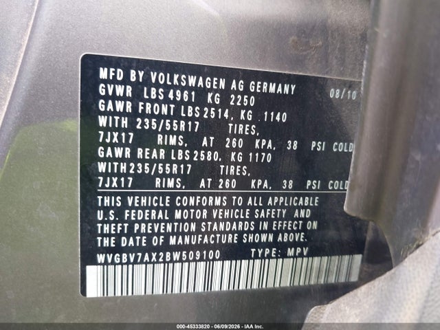 45333820 :رقم المزاد ، WVGBV7AX2BW509100 vin ، 2011 Volkswagen Tiguan Se مزاد بيع
