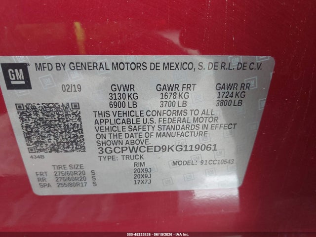 2019 Chevrolet Silverado 1500 Lt მანქანა იყიდება აუქციონზე, vin: 3GCPWCED9KG119061, აუქციონის ნომერი: 45333826