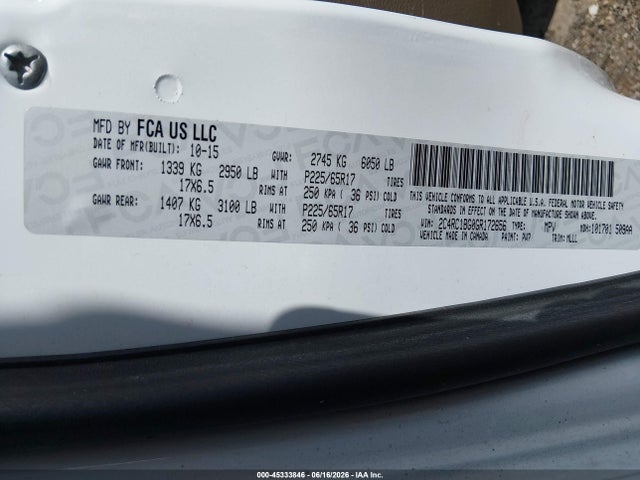 Auction sale of the 2016 Chrysler Town & Country Touring, vin: 2C4RC1BG0GR172656, lot number: 45333846