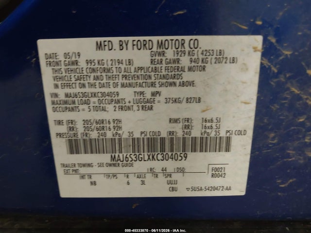 Продажа на аукционе авто 2019 Ford Ecosport Se, vin: MAJ6S3GLXKC304059, номер лота: 45333870