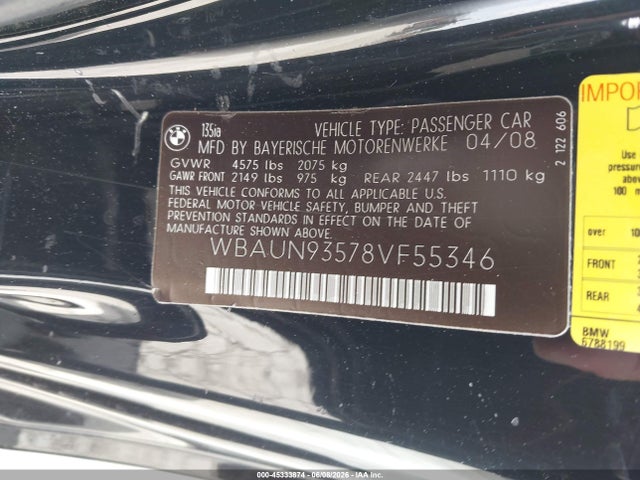 Продажа на аукционе авто 2008 Bmw 135i, vin: WBAUN93578VF55346, номер лота: 45333874