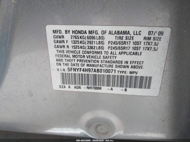 2010 Honda Pilot Touring მანქანა იყიდება აუქციონზე, vin: 5FNYF4H97AB010071, აუქციონის ნომერი: 45333895