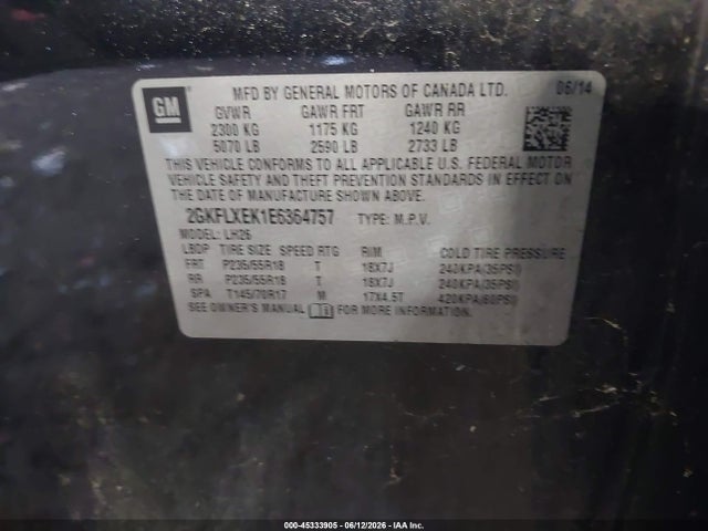 Aukcja sprzedaży 2014 Gmc Terrain Slt-1, vin: 2GKFLXEK1E6364757, numer aukcji: 45333905