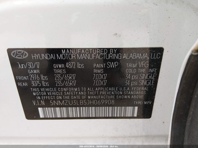 2018 Hyundai Santa Fe Sport 2.4l მანქანა იყიდება აუქციონზე, vin: 5NMZU3LB5JH069908, აუქციონის ნომერი: 45333916