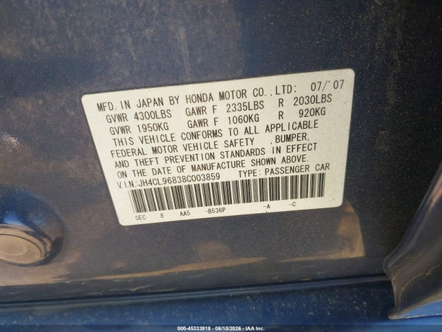 2008 Acura Tsx მანქანა იყიდება აუქციონზე, vin: JH4CL96838C003859, აუქციონის ნომერი: 45333918