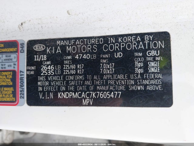 45333934 :رقم المزاد ، KNDPMCAC7K7605477 vin ، 2019 Kia Sportage Lx مزاد بيع