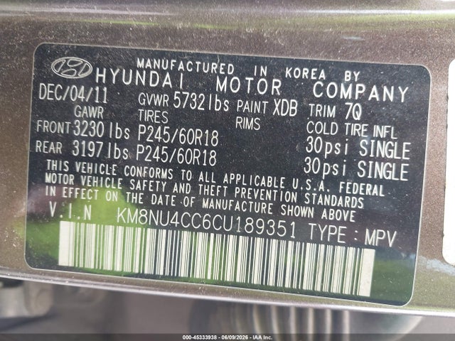 Продаж на аукціоні авто 2012 Hyundai Veracruz Limited, vin: KM8NU4CC6CU189351, номер лоту: 45333938