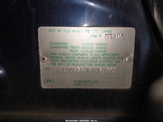 Aukcja sprzedaży 2006 Subaru Forester 2.5x, vin: JF1SG65676H721405, numer aukcji: 45333949