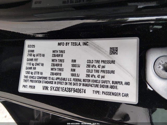 Aukcja sprzedaży 2025 Tesla Model 3, vin: 5YJ3E1EA3SF940674, numer aukcji: 45333950