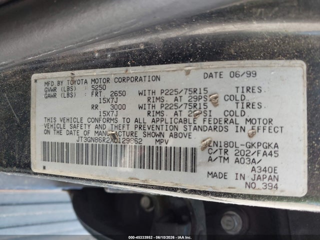 45333952 :رقم المزاد ، JT3GN86R2X0129862 vin ، 1999 Toyota 4runner Sr5 V6 مزاد بيع