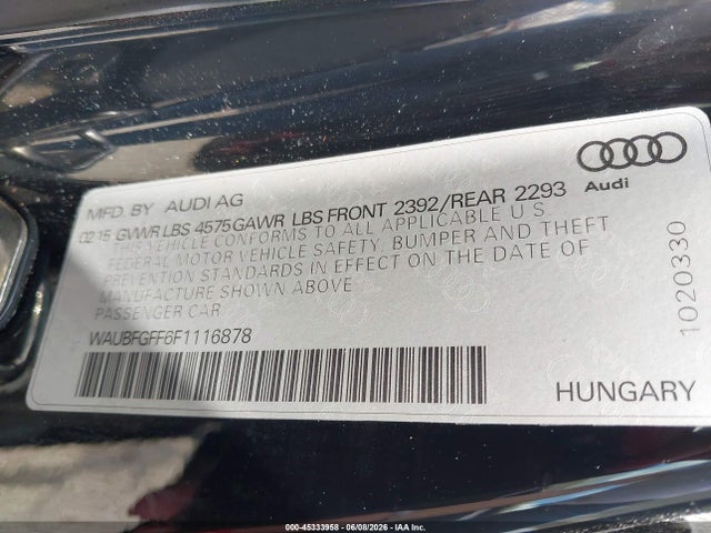 45333958 :رقم المزاد ، WAUBFGFF6F1116878 vin ، 2015 Audi A3 2.0t Premium مزاد بيع