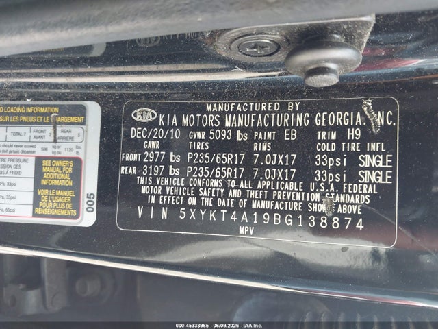 45333965 :رقم المزاد ، 5XYKT4A19BG138874 vin ، 2011 Kia Sorento Lx مزاد بيع