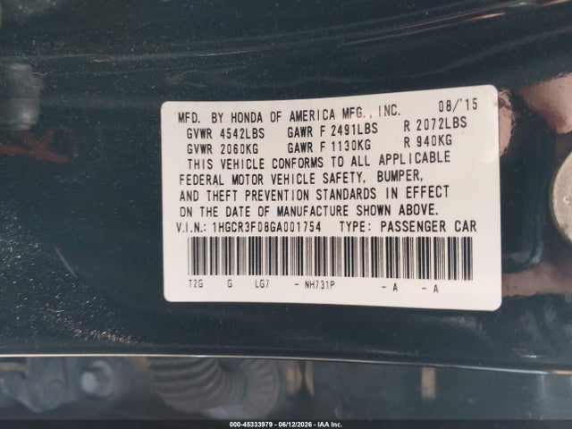 1HGCR3F08GA001754 Honda Accord Ex-l V-6