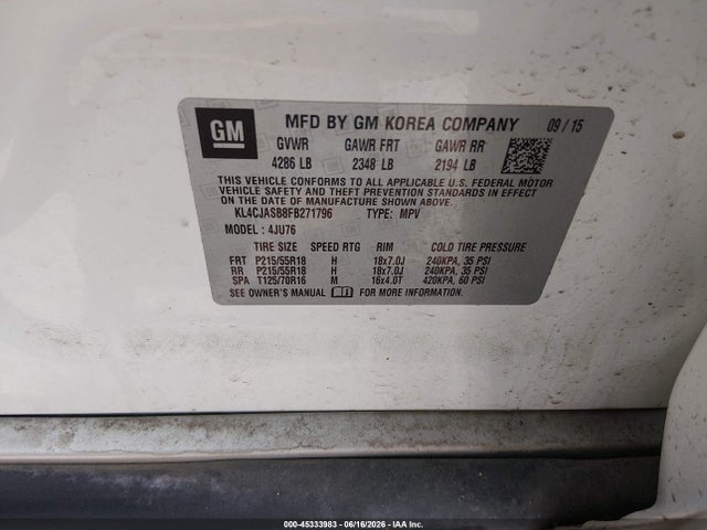2015 Buick Encore მანქანა იყიდება აუქციონზე, vin: KL4CJASB8FB271796, აუქციონის ნომერი: 45333983