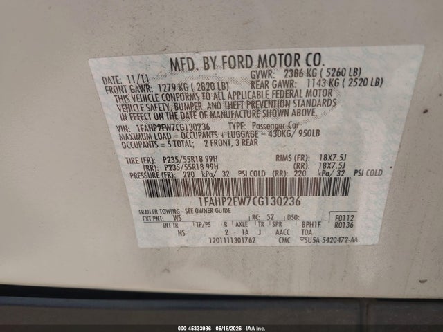 Aukcja sprzedaży 2012 Ford Taurus Sel, vin: 1FAHP2EW7CG130236, numer aukcji: 45333986