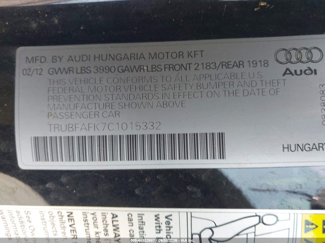 Aukcja sprzedaży 2012 Audi Tt 2.0t Premium Plus, vin: TRUBFAFK7C1015332, numer aukcji: 45333987