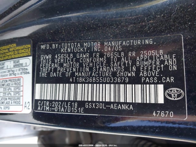 45333996 :رقم المزاد ، 4T1BK36B55U033679 vin ، 2005 Toyota Avalon Touring مزاد بيع