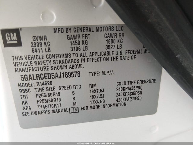 Продаж на аукціоні авто 2010 Buick Enclave 2xl, vin: 5GALRCED5AJ189578, номер лоту: 45334015
