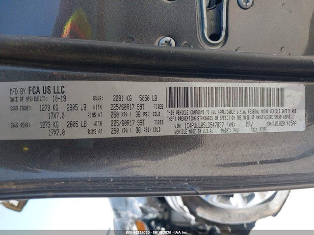2020 Jeep Cherokee Latitude Plus Fwd მანქანა იყიდება აუქციონზე, vin: 1C4PJLLB5LD547837, აუქციონის ნომერი: 45334020
