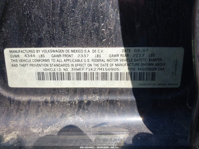 Aukcja sprzedaży 2007 Volkswagen Jetta Wolfsburg Edition, vin: 3VWEF71K27M150905, numer aukcji: 45334021
