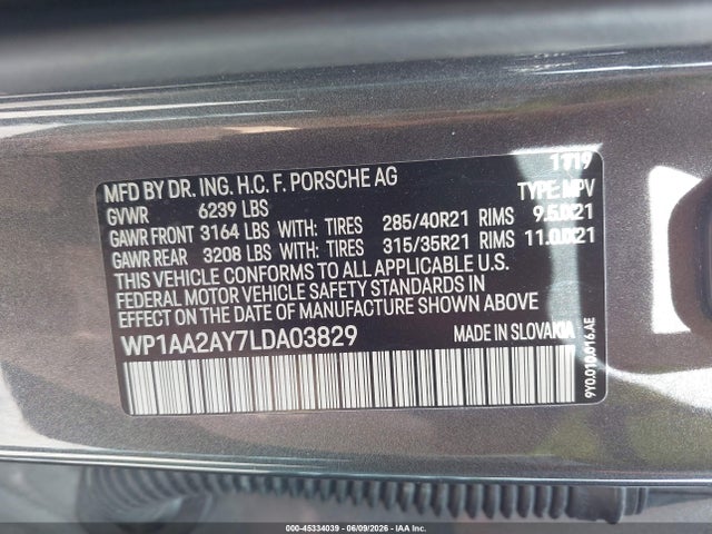 45334039 :رقم المزاد ، WP1AA2AY7LDA03829 vin ، 2020 Porsche Cayenne مزاد بيع