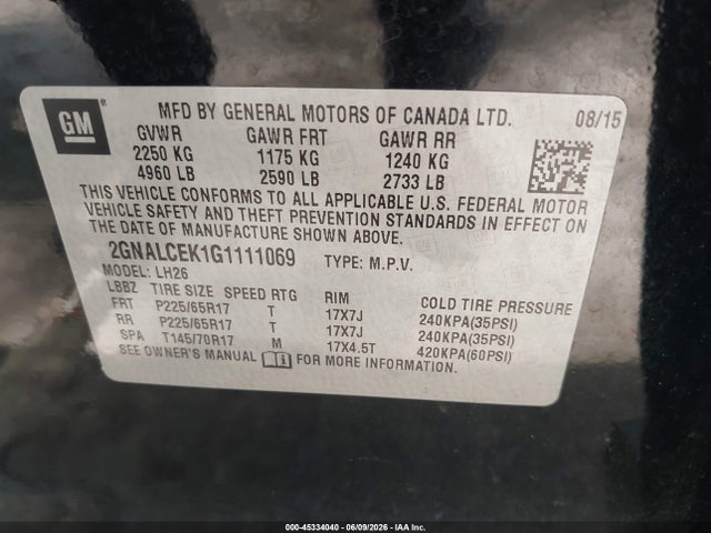 Продаж на аукціоні авто 2016 Chevrolet Equinox Lt, vin: 2GNALCEK1G1111069, номер лоту: 45334040