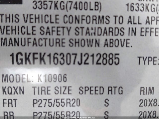 45334048 :رقم المزاد ، 1GKFK16307J212885 vin ، 2007 Gmc Yukon Xl Slt مزاد بيع