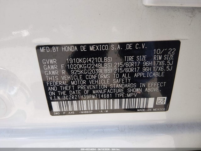 Продаж на аукціоні авто 2023 Honda Hr-v 2wd Lx, vin: 3CZRZ1H39PM714681, номер лоту: 45334054