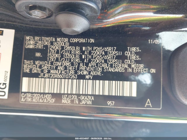 Aukcja sprzedaży 2006 Lexus Gx 470, vin: JTJBT20X860107263, numer aukcji: 45334057