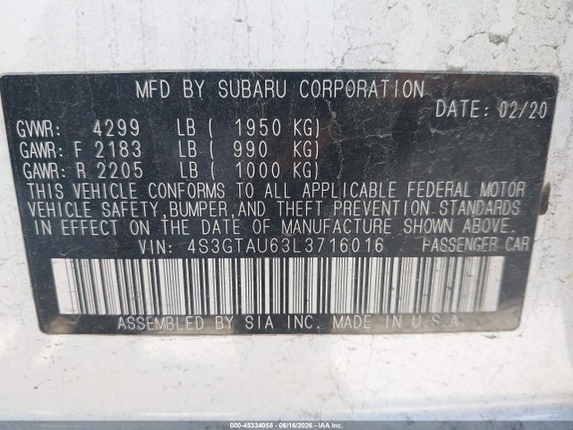 Aukcja sprzedaży 2020 Subaru Impreza Limited 5-door, vin: 4S3GTAU63L3716016, numer aukcji: 45334058