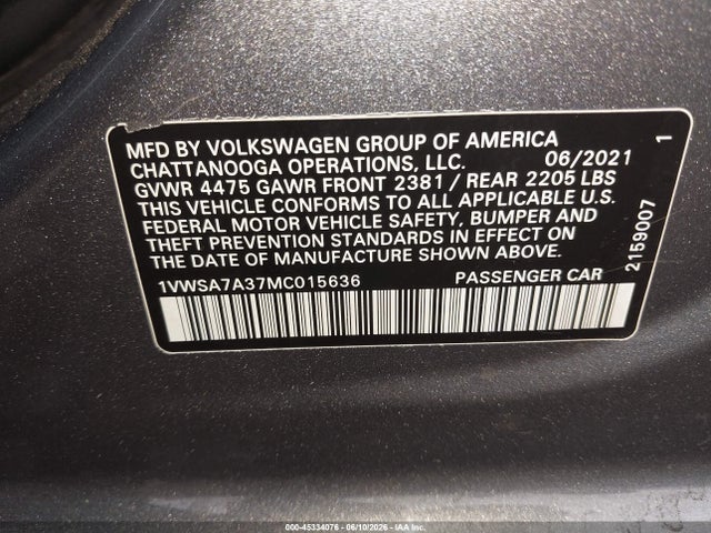 Aukcja sprzedaży 2021 Volkswagen Passat 2.0t Se, vin: 1VWSA7A37MC015636, numer aukcji: 45334076