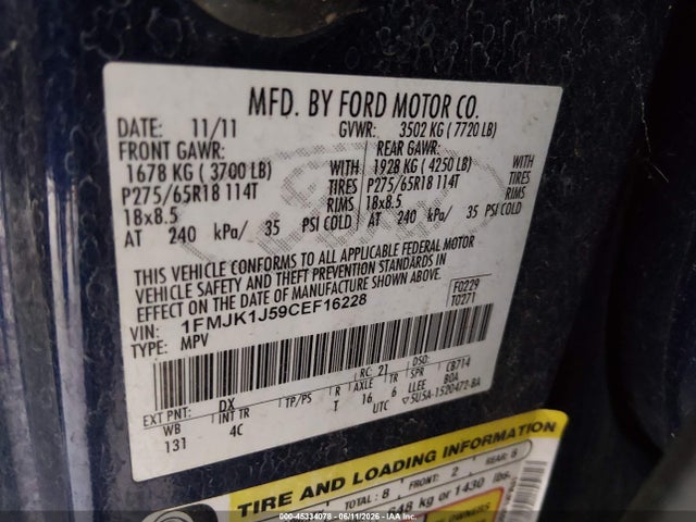Продажа на аукционе авто 2012 Ford Expedition El Xlt, vin: 1FMJK1J59CEF16228, номер лота: 45334078
