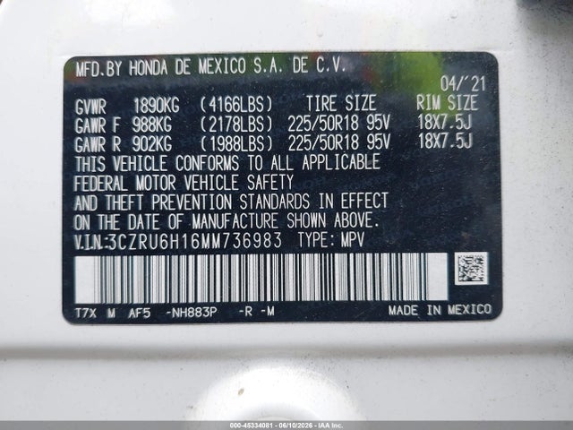 2021 Honda Hr-v Awd Sport მანქანა იყიდება აუქციონზე, vin: 3CZRU6H16MM736983, აუქციონის ნომერი: 45334081