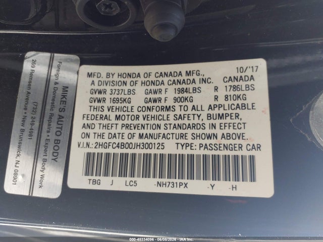 45334096 :رقم المزاد ، 2HGFC4B00JH300125 vin ، 2018 Honda Civic Lx-p مزاد بيع