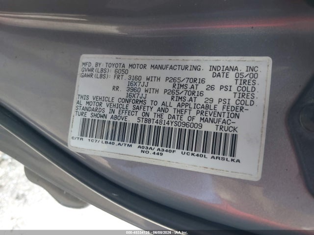 Aukcja sprzedaży 2000 Toyota Tundra Ltd V8, vin: 5TBBT4814YS096009, numer aukcji: 45334125