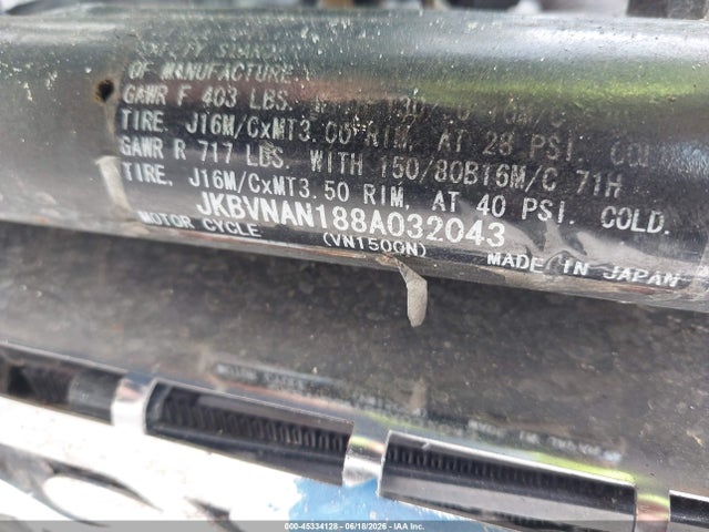 45334128 :رقم المزاد ، JKBVNAN188A032043 vin ، 2008 Kawasaki Vn1500 N1 مزاد بيع