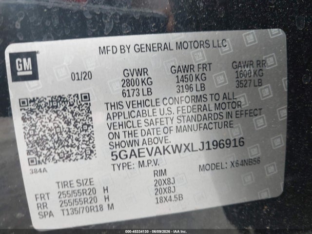 45334130 :رقم المزاد ، 5GAEVAKWXLJ196916 vin ، 2020 Buick Enclave Awd Essence مزاد بيع