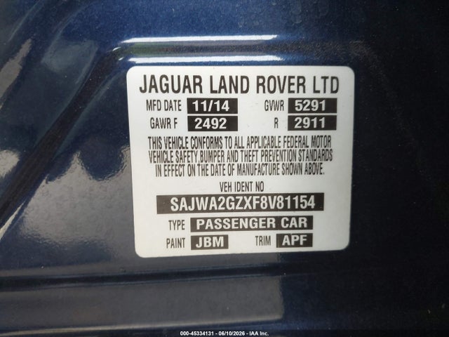 45334131 :رقم المزاد ، SAJWA2GZXF8V81154 vin ، 2015 Jaguar Xj Xjl Portfolio مزاد بيع