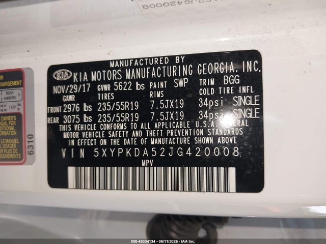 2018 Kia Sorento 3.3l Sx მანქანა იყიდება აუქციონზე, vin: 5XYPKDA52JG420008, აუქციონის ნომერი: 45334134