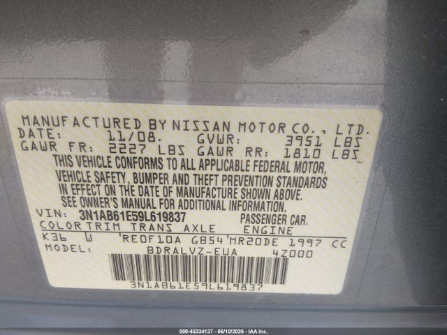 Aukcja sprzedaży 2009 Nissan Sentra 2.0sl, vin: 3N1AB61E59L619837, numer aukcji: 45334137