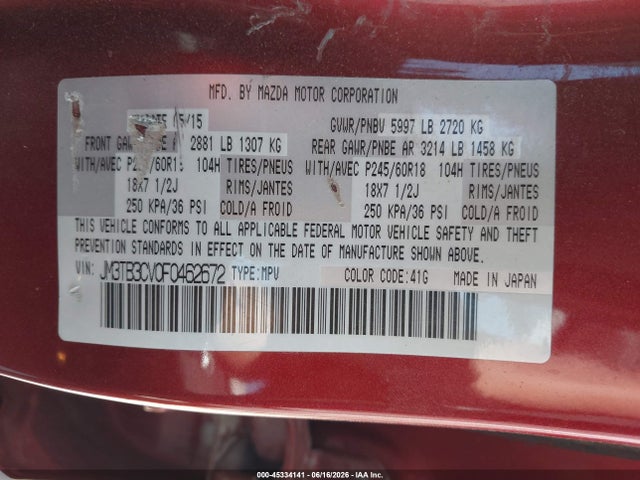 Aukcja sprzedaży 2015 Mazda Cx-9 Touring, vin: JM3TB3CV0F0462672, numer aukcji: 45334141