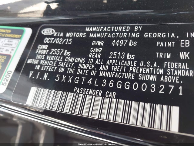 Aukcja sprzedaży 2016 Kia Optima Lx, vin: 5XXGT4L36GG003271, numer aukcji: 45334146