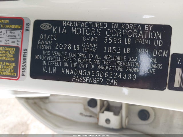Aukcja sprzedaży 2013 Kia Rio Lx, vin: KNADM5A35D6224330, numer aukcji: 45334149