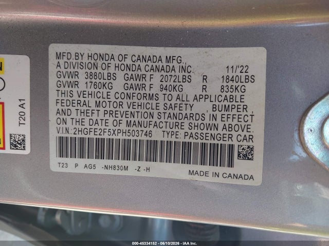 45334152 :رقم المزاد ، 2HGFE2F5XPH503746 vin ، 2023 Honda Civic Sport مزاد بيع