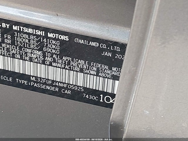 Aukcja sprzedaży 2022 Mitsubishi Mirage G4 Es, vin: ML32FUFJ4NHF05925, numer aukcji: 45334159