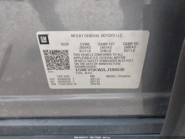1GNEVGKW2LJ199530 Chevrolet Traverse Awd Lt Cloth
