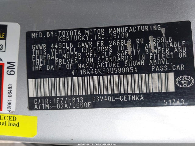 45334175 :رقم المزاد ، 4T1BK46K59U588854 vin ، 2009 Toyota Camry Le V6 مزاد بيع