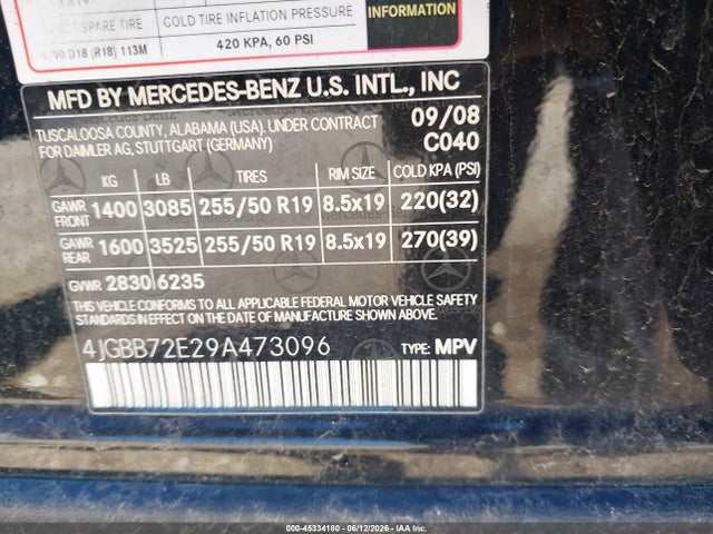 Aukcja sprzedaży 2009 Mercedes-benz Ml 550 4matic, vin: 4JGBB72E29A473096, numer aukcji: 45334180