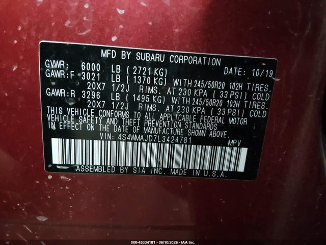 Продаж на аукціоні авто 2020 Subaru Ascent Limited, vin: 4S4WMAJD7L3424781, номер лоту: 45334181