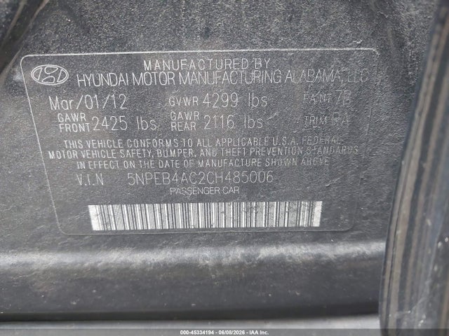 45334194 :رقم المزاد ، 5NPEB4AC2CH485006 vin ، 2012 Hyundai Sonata Gls مزاد بيع